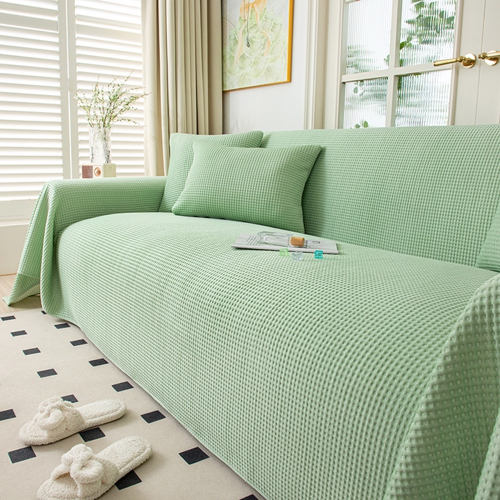 91家纺网 家纺一手货源 找家纺 沐沐家纺 2026新款冰豆豆华夫格沙发巾 绿色