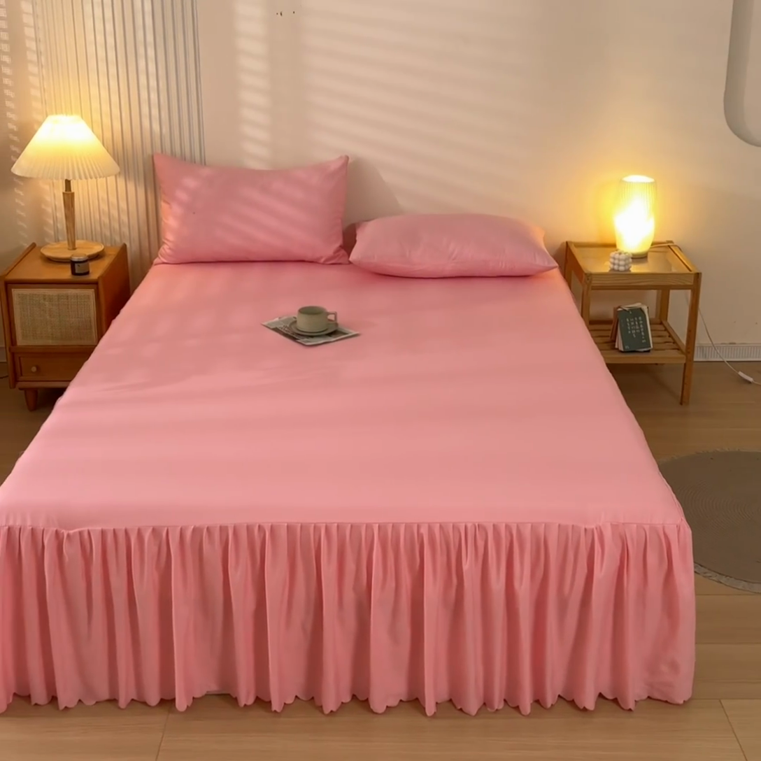 91家纺网 家纺一手货源 找家纺 梵克保罗 2025新款亲肤磨毛舒适柔软纯色Q系列床裙 Q-淡粉