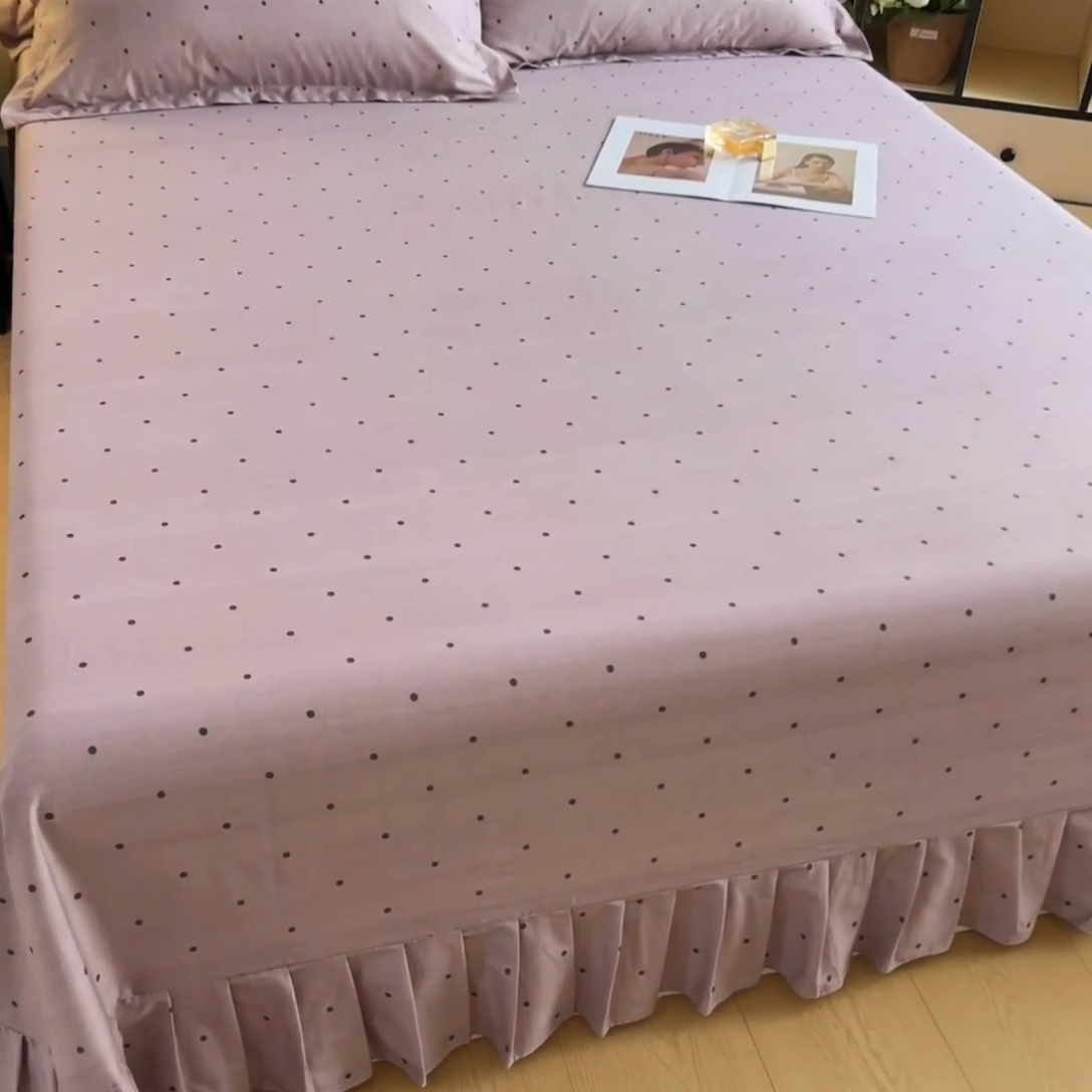 91家纺网 家纺一手货源 找家纺 2025新款全棉花边款床单 紫圆点
