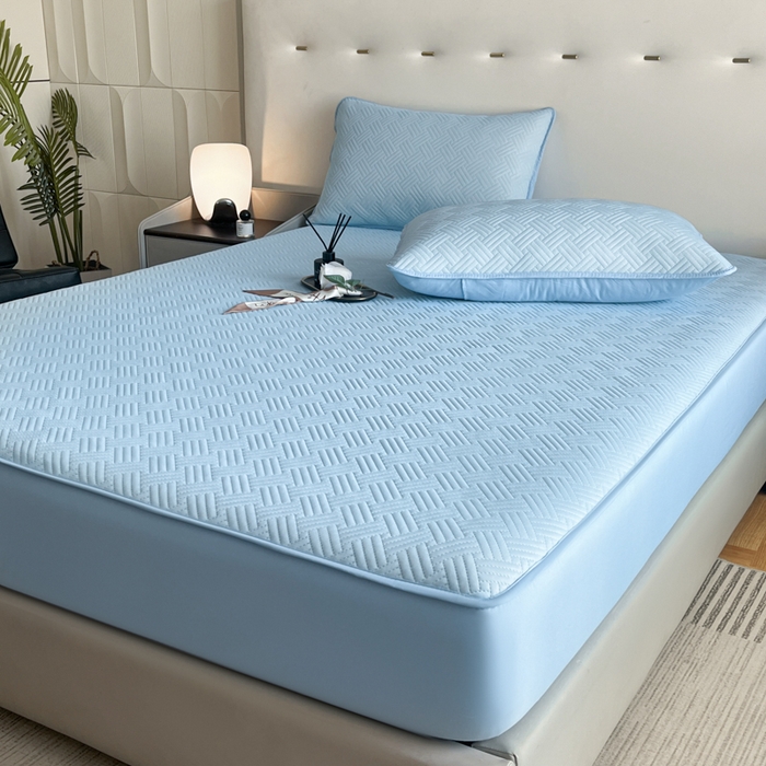 91家纺网 家纺一手货源 找家纺 梵克保罗 2025新款凉感丝床笠饼干系列凉席枕套 天蓝