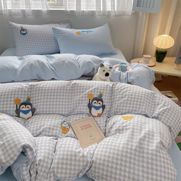 91家纺网 家纺一手货源 找家纺 星座家纺 2025新款水洗棉毛巾绣四件套 精灵企鹅