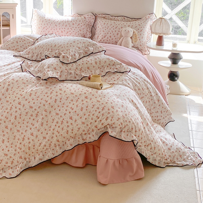 91家纺网 家纺一手货源 找家纺 仟网汇 2025新款赫本针织双层纱床盖四件套 花季