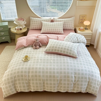 （买家秀爆款花型不断货）2025年新款A类母婴级针织棉双层纱印花被套三件套全棉纯棉被套纯色床笠四件套 格子熊