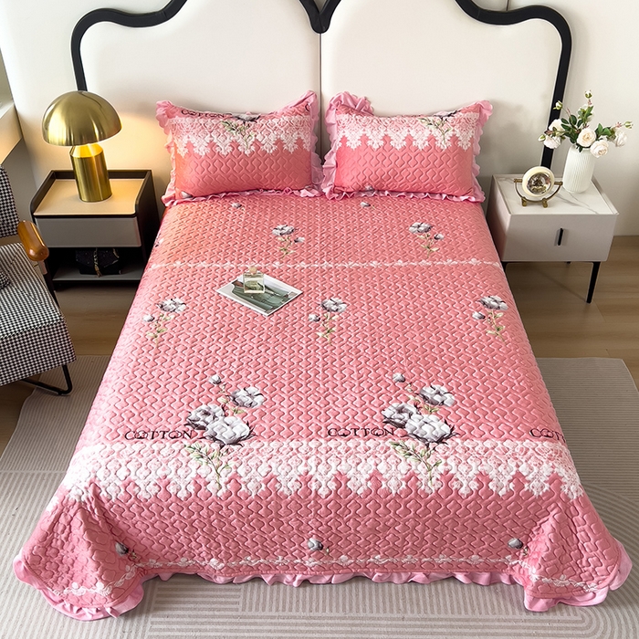 91家纺网 家纺一手货源 找家纺 2025新款水晶绒床单盖毯单人三件套花边毯子冬季加厚保暖双人加棉防滑绒毯 木棉花粉