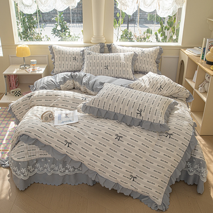 91家纺网 家纺一手货源 找家纺 珍爱家纺 2025新款A类针织棉双层纱夹棉床盖床裙花边单件三件四件套 min-灰
