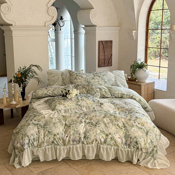 91家纺网 家纺一手货源 找家纺 艾米家居2025春夏新品法式花边天丝棉冰丝四件套 绿野仙踪花边款