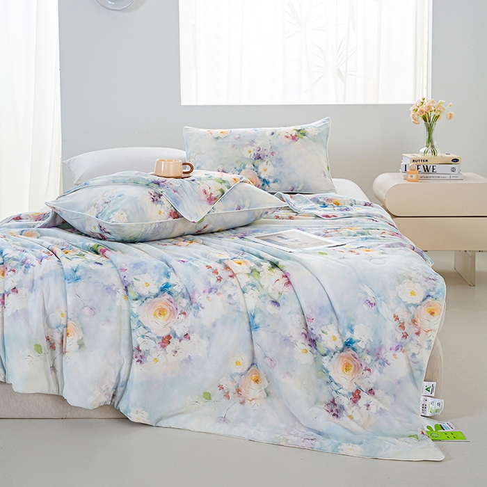 91家纺网 家纺一手货源 找家纺 欧雅搁家纺 2025新款3D数码印花有氨冷感冰激淋凉感丝夏被空调被大豆纤维被子夏凉被 花城秘境