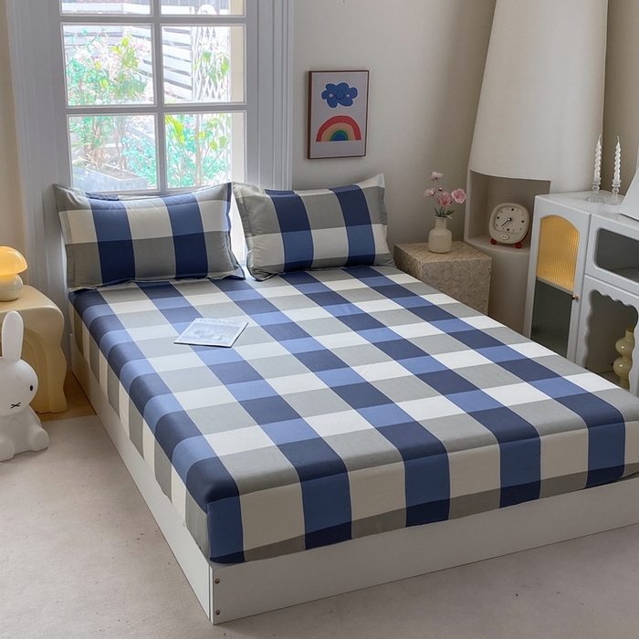 91家纺网 家纺一手货源 找家纺 凌云2025新款13372A类全棉床笠    蓝大格