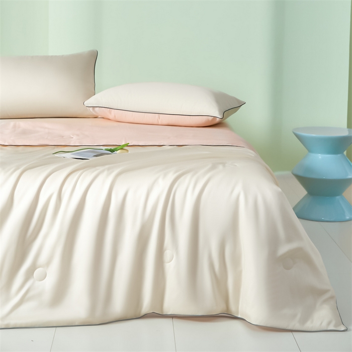 91家纺网 家纺一手货源 找家纺 笙意家纺 2025新款凉感水洗真丝麻绳双拼夏凉被-华尔兹系列 华尔兹-奶昔白+奶油粉