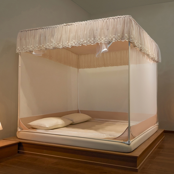 91家纺网 家纺一手货源 找家纺 飞轮海蚊帐 2025新款浪漫花边床笠款三开门方顶蚊帐-Z98 香槟