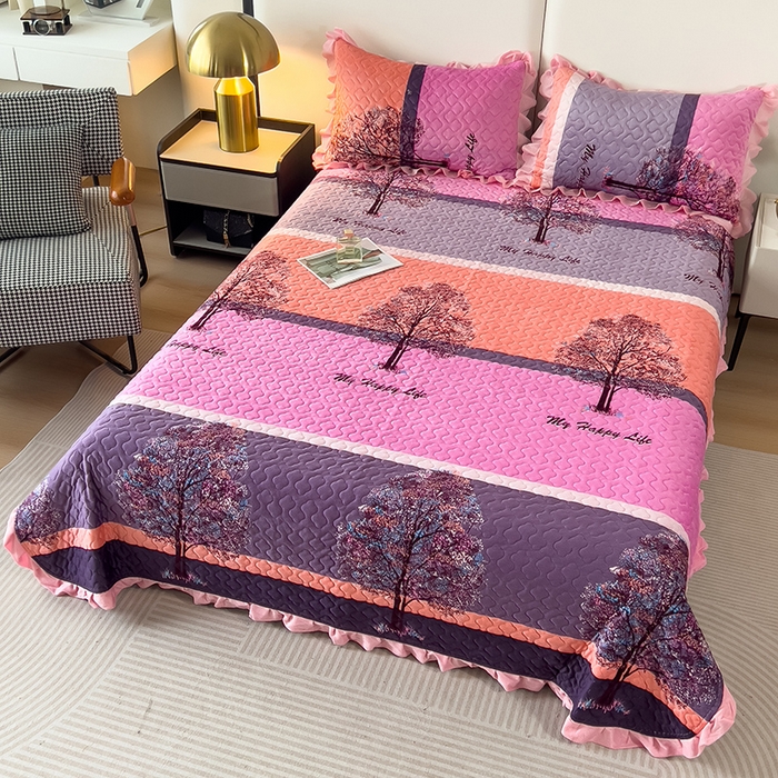 91家纺网 家纺一手货源 找家纺 2025新款水晶绒床单盖毯单人三件套花边毯子冬季加厚保暖双人加棉防滑绒毯 粉色发财树