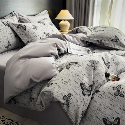 91家纺网 家纺一手货源 找家纺 倾慕家纺 2025新款60S提花全棉单品被套 蝶恋深灰