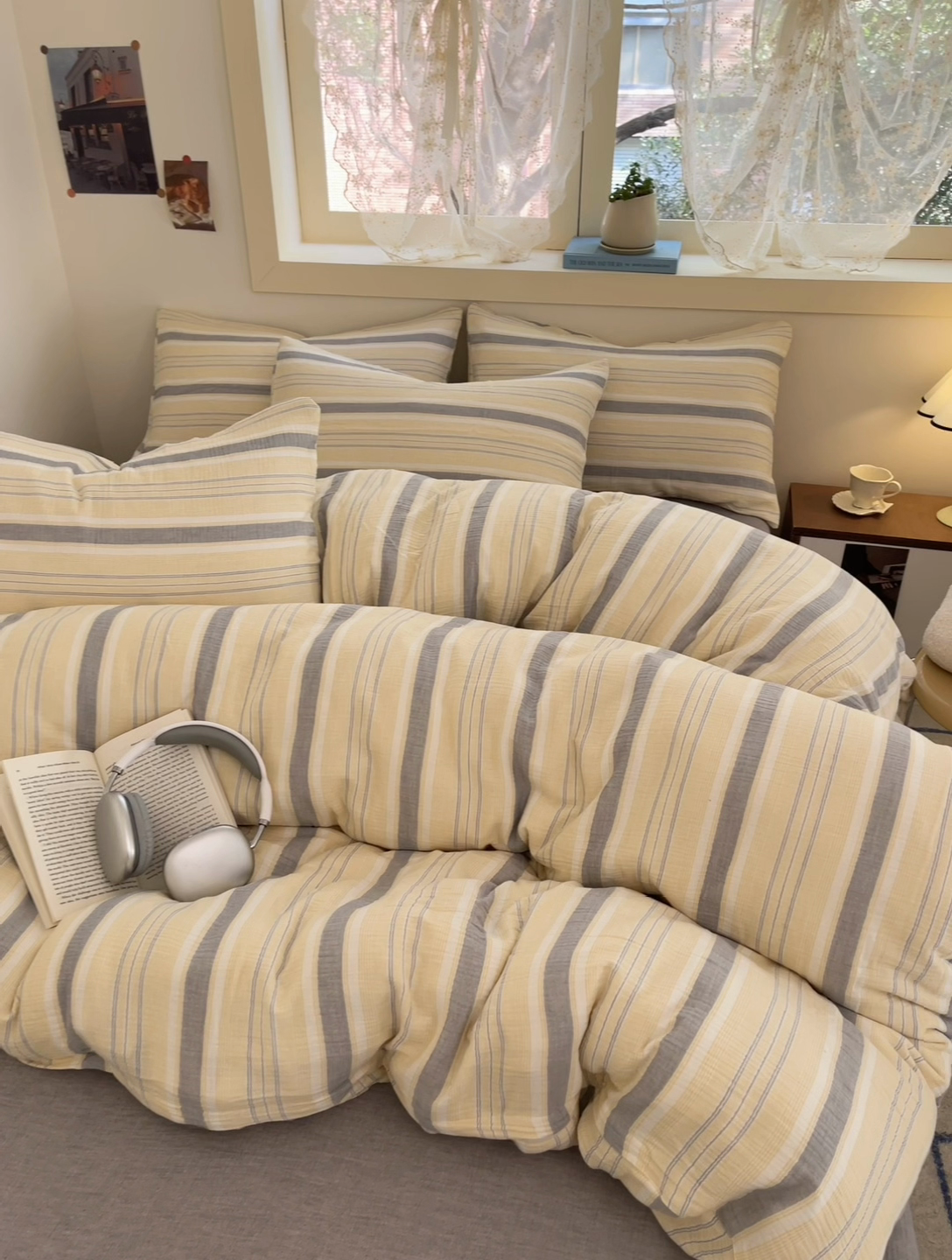 91家纺网 家纺一手货源 找家纺 艾咪-Amy ntmy 2025新款条纹款全棉双层皱皱纱四件套 小半粉米