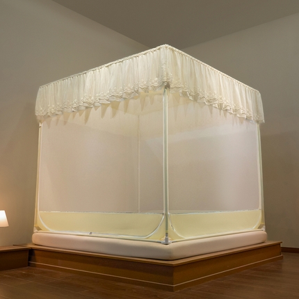91家纺网 家纺一手货源 找家纺 飞轮海蚊帐 2025新款浪漫花边床笠款三开门方顶蚊帐-Z98 奶油黄