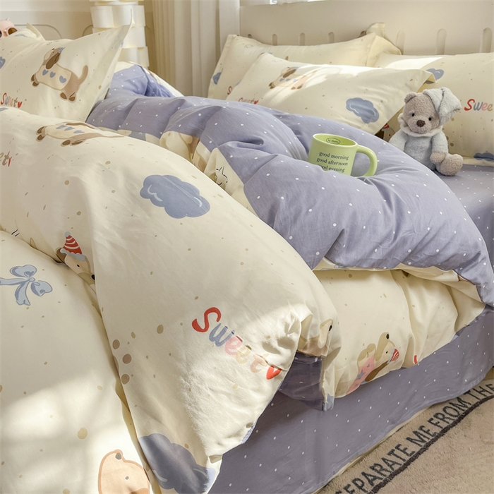 91家纺网 家纺一手货源 找家纺 大吉 2025新款100全棉纯棉喷气小清新被套四件套纯棉三件套床笠四件套单被套单枕套 萌宠日记