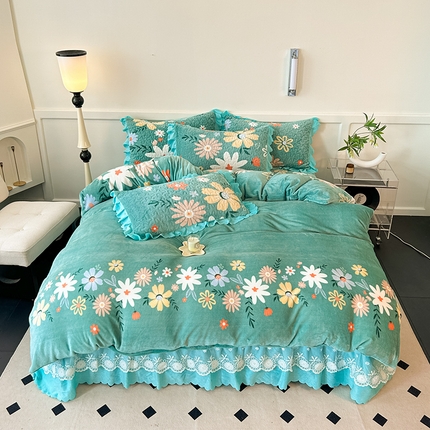 珍爱家纺 2025新款冬季加厚夹棉保暖牛奶绒蕾丝花边床盖床裙单件三件套双人四件套 花颜绽放