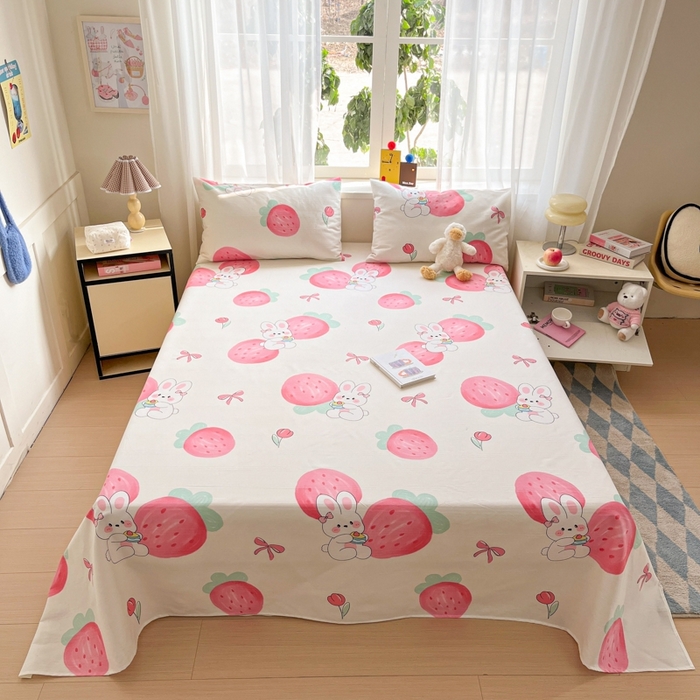 91家纺网 家纺一手货源 找家纺 莱通2025新款原棉老粗布床单 兔兔晚安