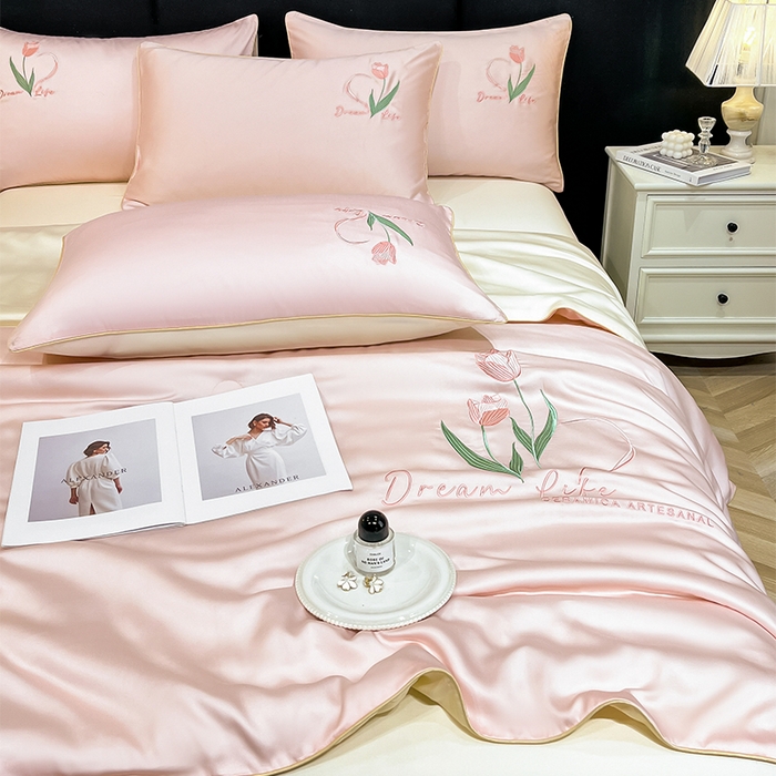 91家纺网 家纺一手货源 找家纺 （总）如一 2025新款水洗冰丝刺绣麻绳夏被四件套花颜系列