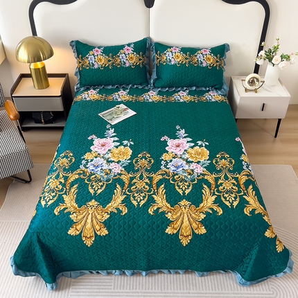 2025新款水晶绒床单盖毯单人三件套花边毯子冬季加厚保暖双人加棉防滑绒毯 欧式墨绿