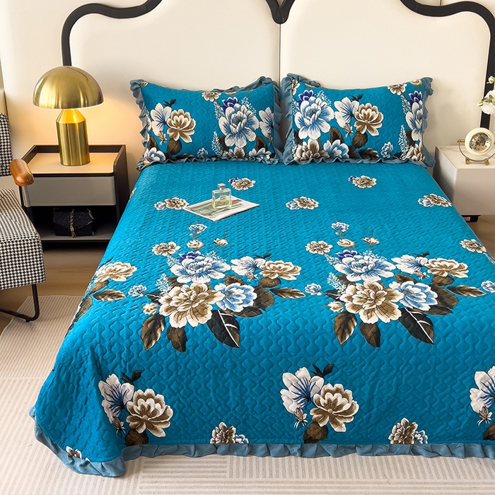 91家纺网 家纺一手货源 找家纺 2025新款水晶绒床单盖毯单人三件套花边毯子冬季加厚保暖双人加棉防滑绒毯 蓝色蝶恋花