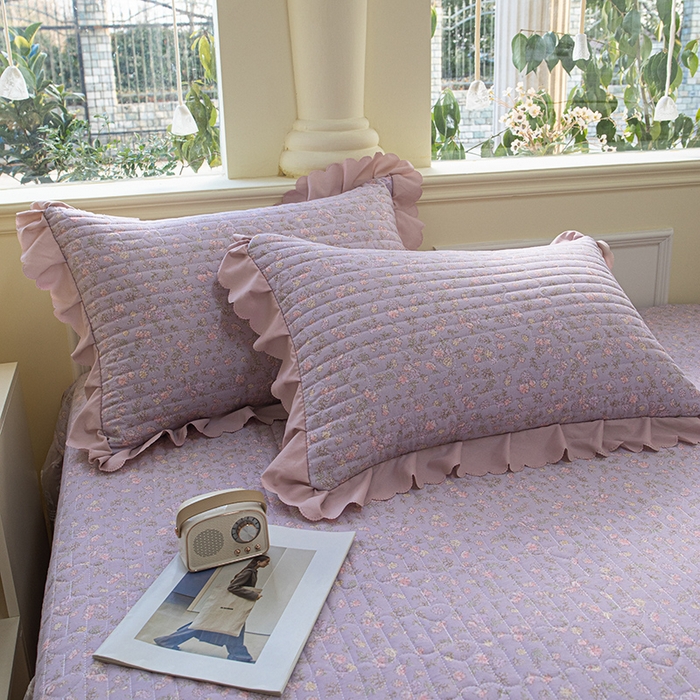 91家纺网 家纺一手货源 找家纺 珍爱家纺 2025新款A类针织棉双层纱夹棉床盖床裙花边单件三件四件套 紫苏