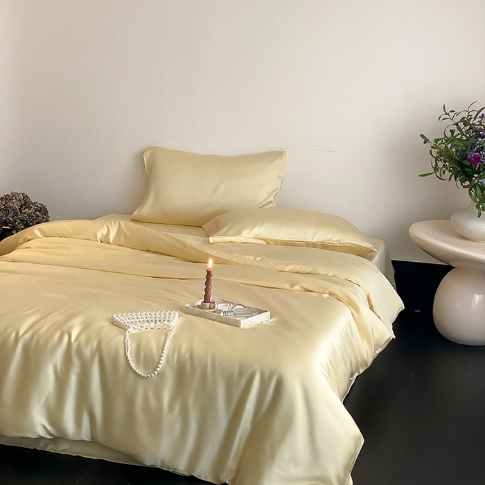 91家纺网 家纺一手货源 找家纺 繁花家居  2025新款亲肤舒适A类高支密冰丝素色冰丝四件套-风格一 黄桃蜜恋