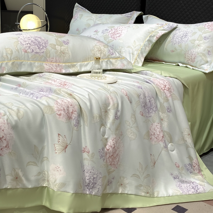 91家纺网 家纺一手货源 找家纺 绘萱2025爆款直播印花水洗天丝夏被四件套凉感水洗真丝冰丝夏凉被空调被绣球