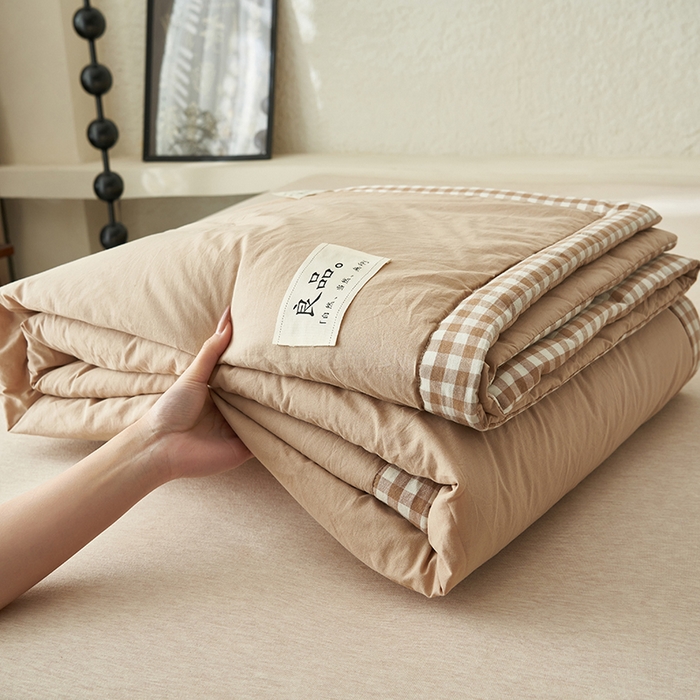 91家纺网 家纺一手货源 找家纺 子由家居 2025新款水洗棉棋盘格织标大豆纤维夏被被子被芯 棋盘格边夏被-浅驼