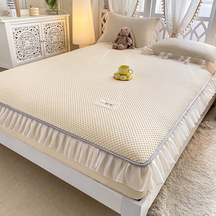 91家纺网 家纺一手货源 找家纺 眠势力 2025新款华夫格花边床笠豆豆凉席款夏季凉感床垫保护套 （提供买家秀） 奶昔米