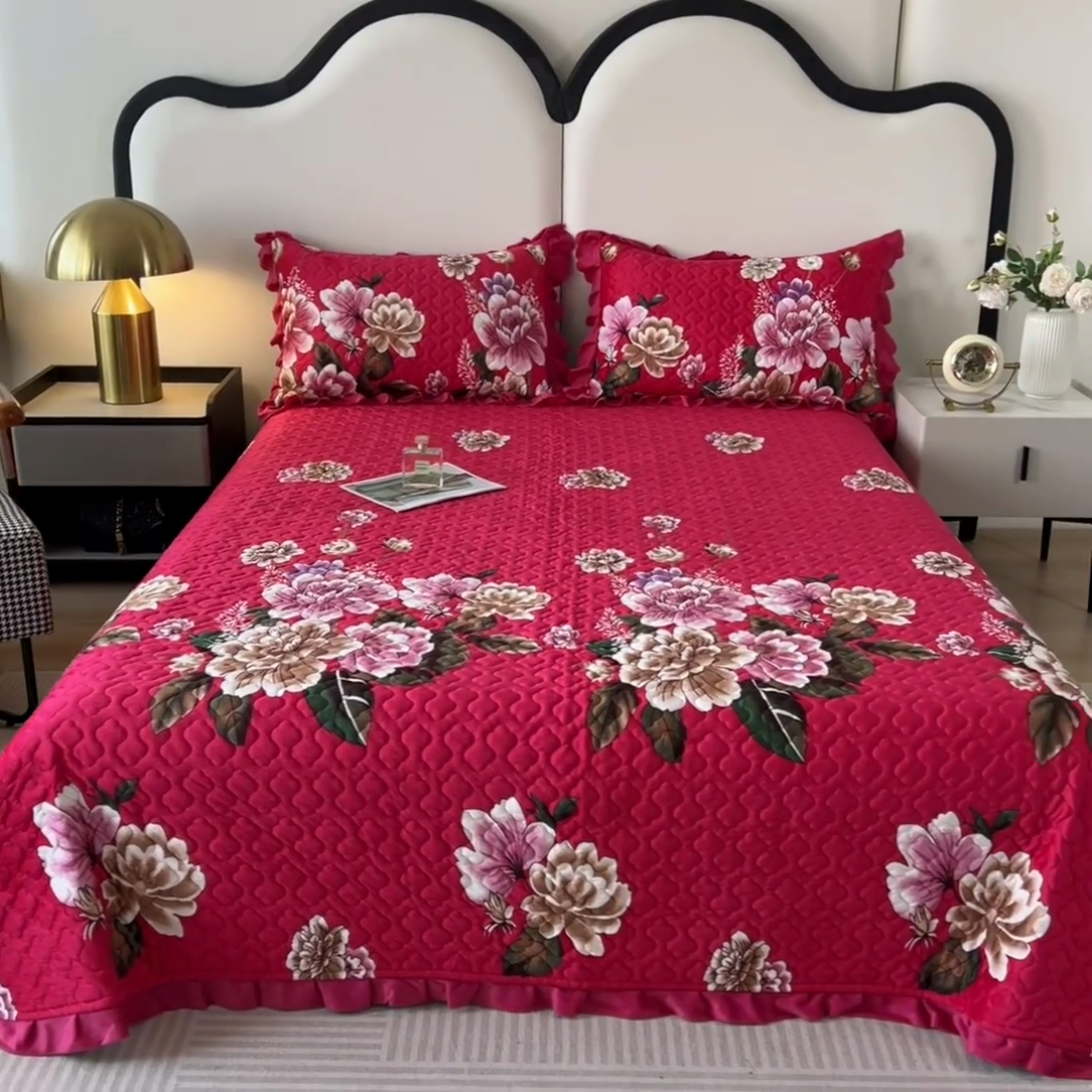 91家纺网 家纺一手货源 找家纺 2025新款水晶绒床单盖毯单人三件套花边毯子冬季加厚保暖双人加棉防滑绒毯 玫红蝶恋花