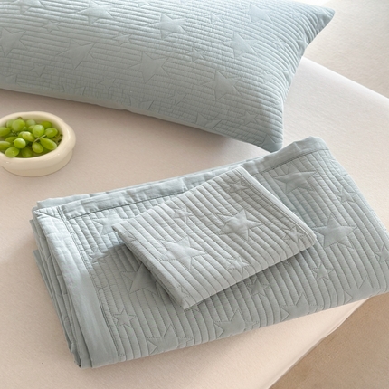 漫调2025新款双面全棉砂洗水洗星星绗缝床盖三件套多功能夏被 繁星绿