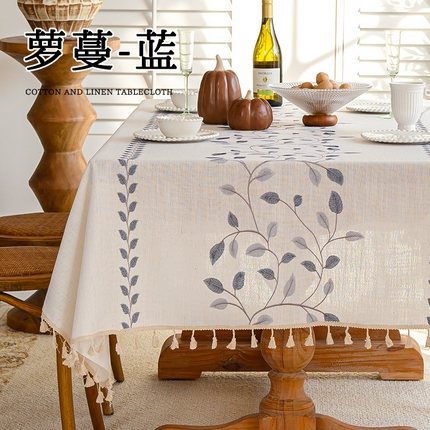 91家纺网 家纺一手货源 找家纺 南通大梧纺织 2025新款植物系绣花桌布（防水） 萝蔓-蓝
