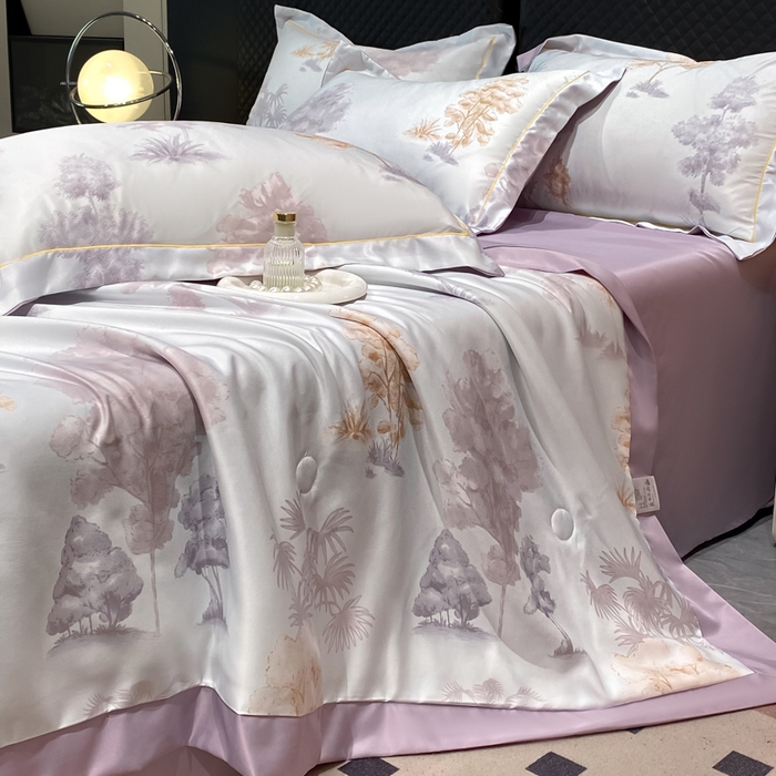 91家纺网 家纺一手货源 找家纺 绘萱2025爆款直播印花水洗天丝夏被四件套凉感水洗真丝冰丝夏凉被空调被发财树-紫