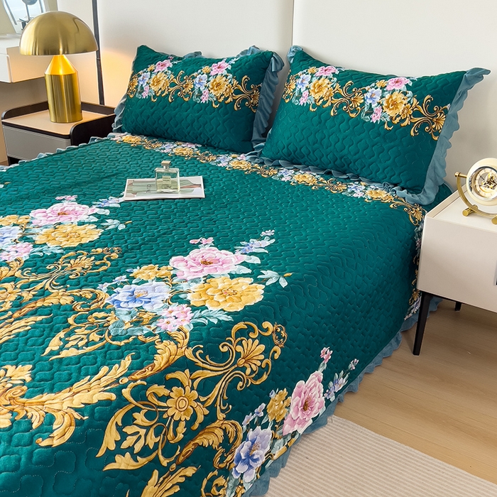 91家纺网 家纺一手货源 找家纺 2025新款水晶绒床单盖毯单人三件套花边毯子冬季加厚保暖双人加棉防滑绒毯 欧式墨绿