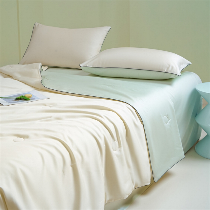 91家纺网 家纺一手货源 找家纺 笙意家纺 2025新款凉感水洗真丝麻绳双拼夏凉被-华尔兹系列 华尔兹-奶昔白+水果清香