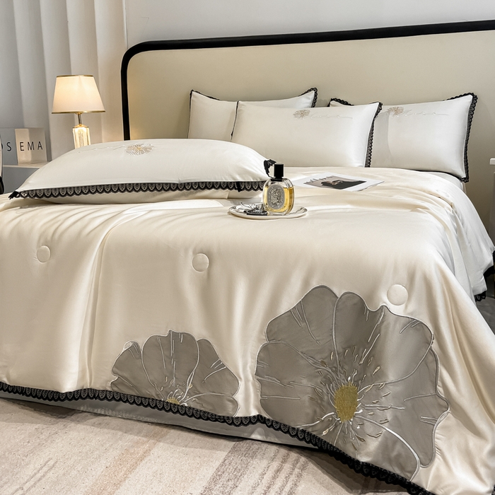 91家纺网 家纺一手货源 找家纺 子由家居 2025新款水洗真丝贴布绣花花边夏被四件套-太阳花 太阳花-本白