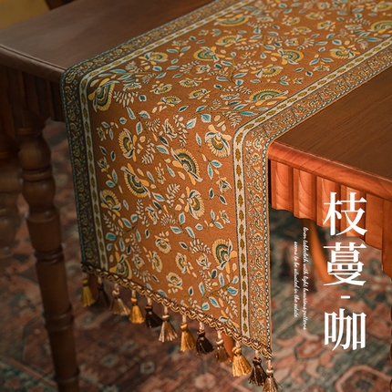 南通大梧纺织 2025新款桌旗-SD仿棉麻 卷草绿-枝蔓咖