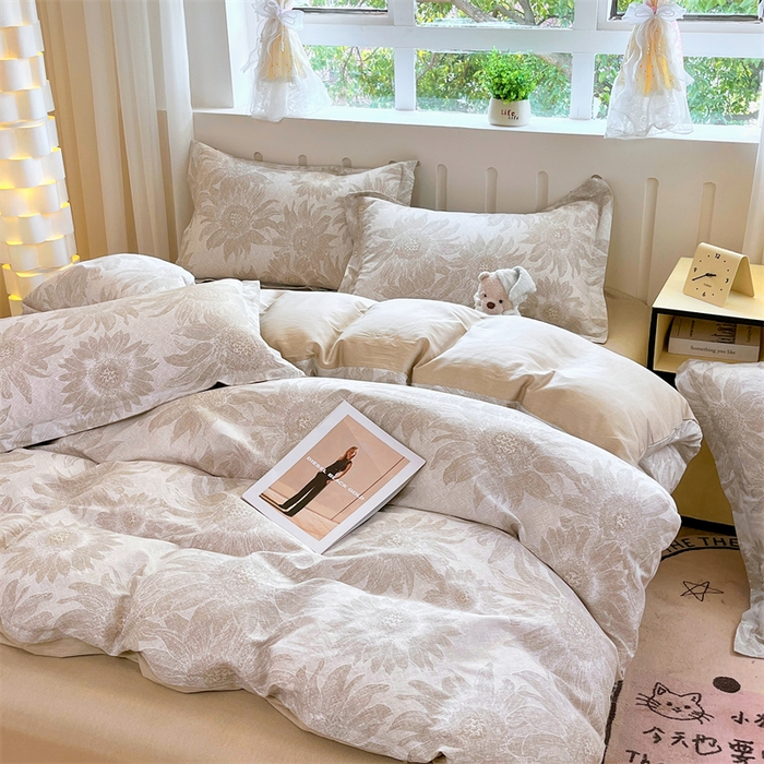 91家纺网 家纺一手货源 找家纺 大吉 2025新款100全棉纯棉喷气小清新被套四件套纯棉三件套床笠四件套单被套单枕套 复古向日葵