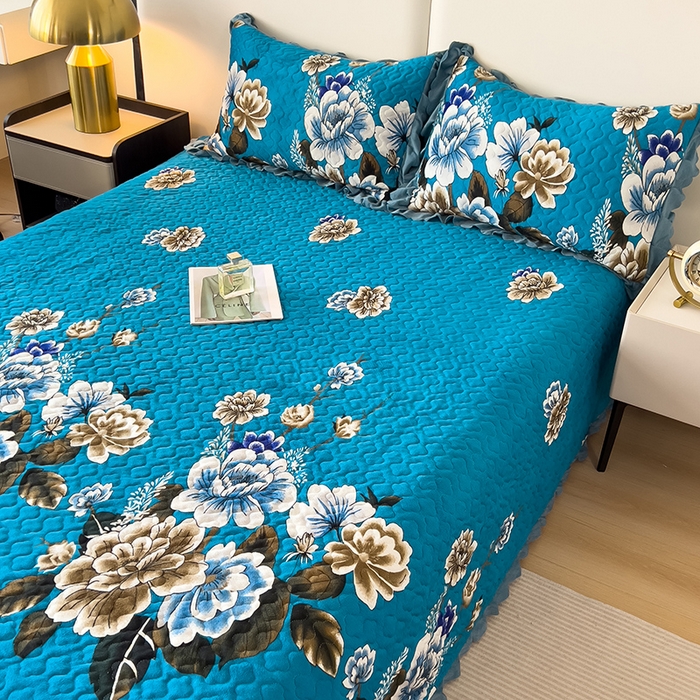 91家纺网 家纺一手货源 找家纺 2025新款水晶绒床单盖毯单人三件套花边毯子冬季加厚保暖双人加棉防滑绒毯 蓝色蝶恋花