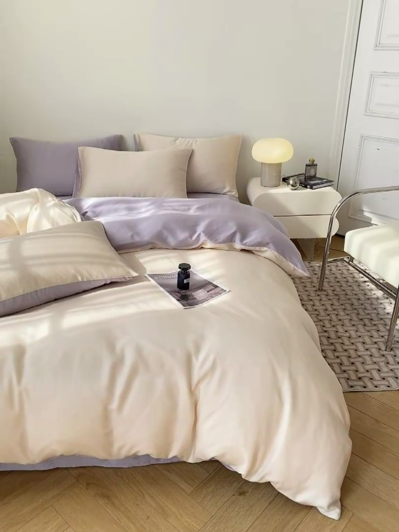 91家纺网 家纺一手货源 找家纺 繁花家居  2025新款亲肤舒适A类高支密冰丝素色冰丝四件套-风格一 白桃芋紫