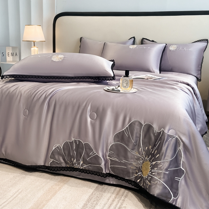91家纺网 家纺一手货源 找家纺 子由家居 2025新款水洗真丝贴布绣花花边夏被四件套-太阳花 太阳花-浅紫