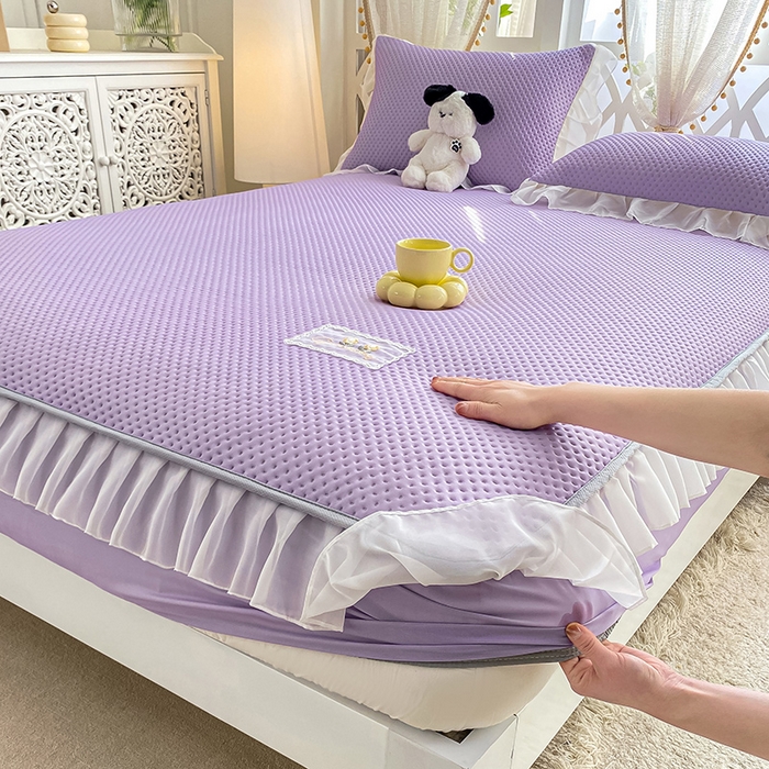 91家纺网 家纺一手货源 找家纺 眠势力 2025新款华夫格花边床笠豆豆凉席款夏季凉感床垫保护套 （提供买家秀） 香芋紫