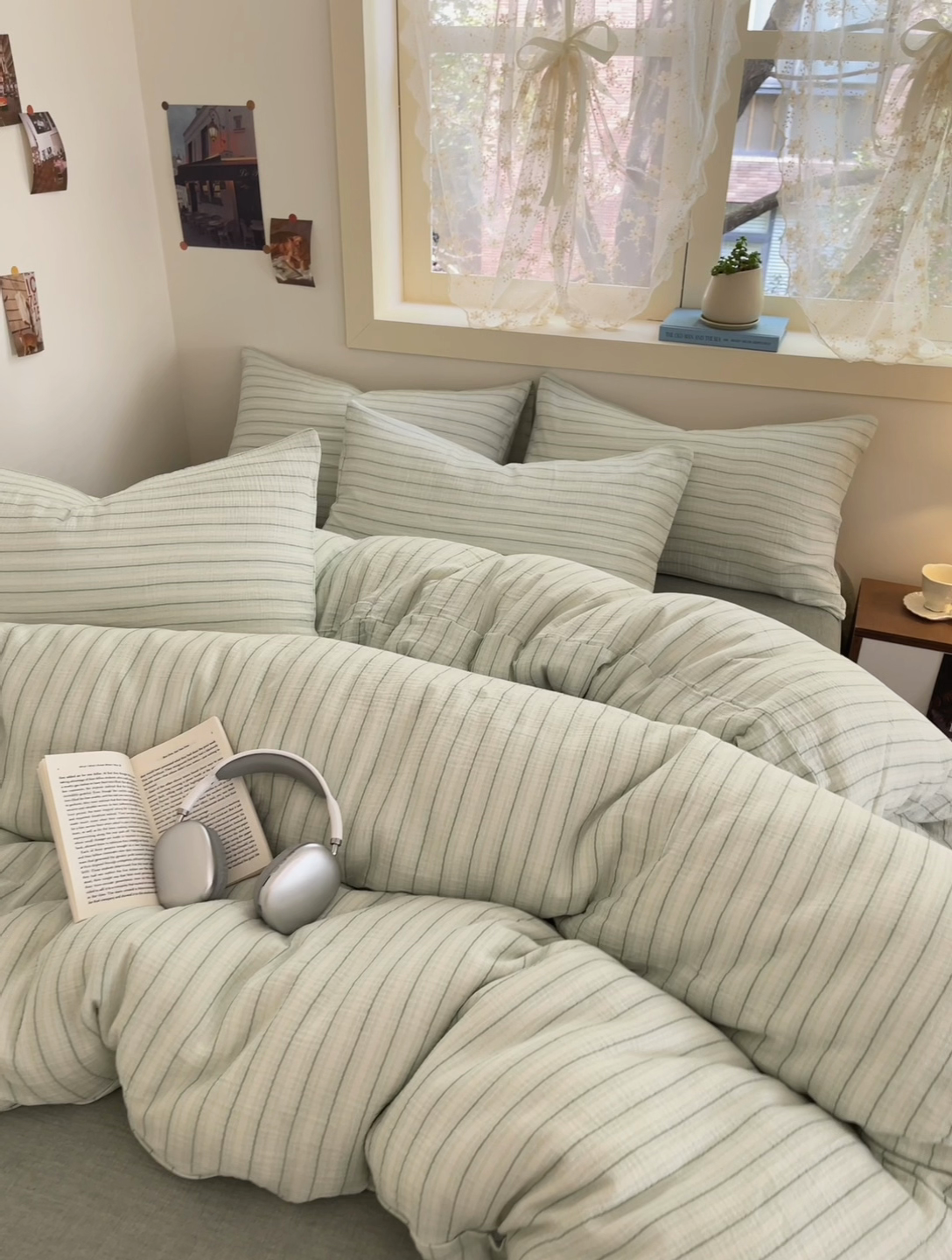 91家纺网 家纺一手货源 找家纺 艾咪-Amy ntmy 2025新款条纹款全棉双层皱皱纱四件套 小半粉米