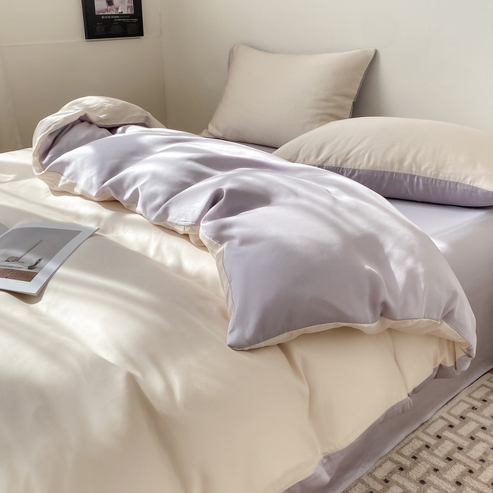 91家纺网 家纺一手货源 找家纺 繁花家居  2025新款亲肤舒适A类高支密冰丝素色冰丝四件套-风格一 白桃芋紫