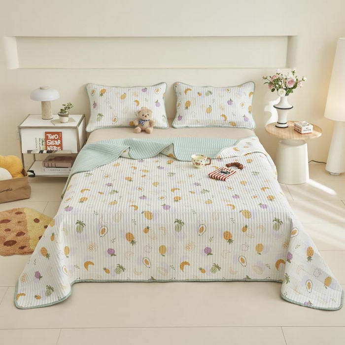 91家纺网 家纺一手货源 找家纺 子由家居 2025新款纯棉印花夹棉床盖 棉花被-热带水果