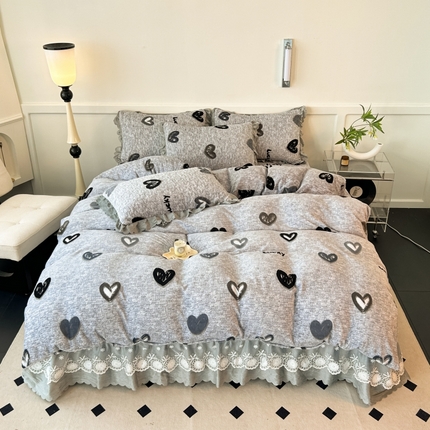 珍爱家纺 2025新款冬季加厚夹棉保暖牛奶绒蕾丝花边床盖床裙单件三件套双人四件套 幸运星灰