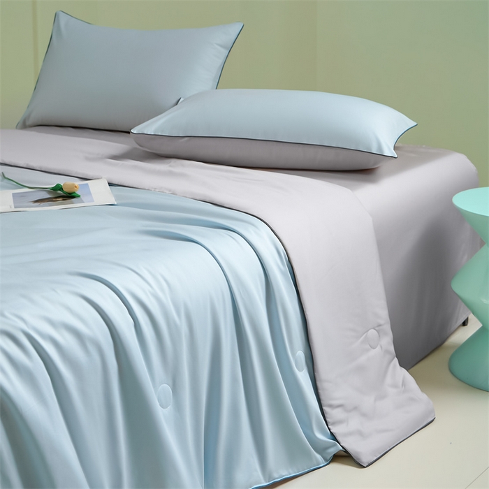 91家纺网 家纺一手货源 找家纺 笙意家纺 2025新款凉感水洗真丝麻绳双拼夏凉被-华尔兹系列 华尔兹-天空蓝+山灰