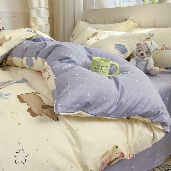 91家纺网 家纺一手货源 找家纺 大吉 2025新款100全棉纯棉喷气小清新被套四件套纯棉三件套床笠四件套单被套单枕套 萌宠日记