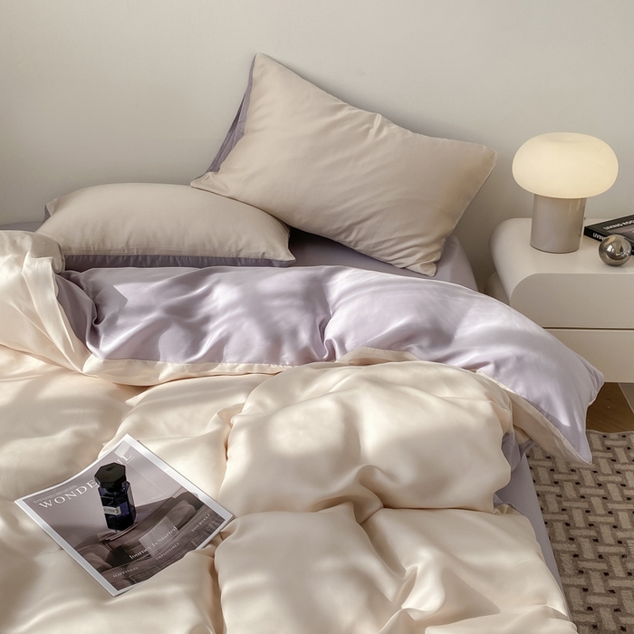 91家纺网 家纺一手货源 找家纺 繁花家居  2025新款亲肤舒适A类高支密冰丝素色冰丝四件套-风格一 白桃芋紫