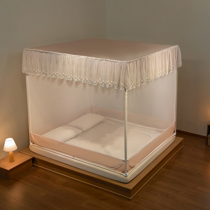 91家纺网 家纺一手货源 找家纺 飞轮海蚊帐 2025新款浪漫花边床笠款三开门方顶蚊帐-Z98 香槟